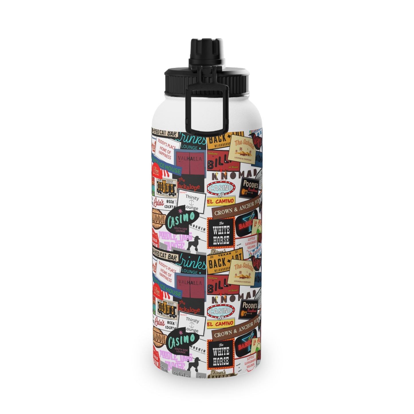 Water Bottle, Austin Texas Dive Bars Stainless Steel Sports Lid