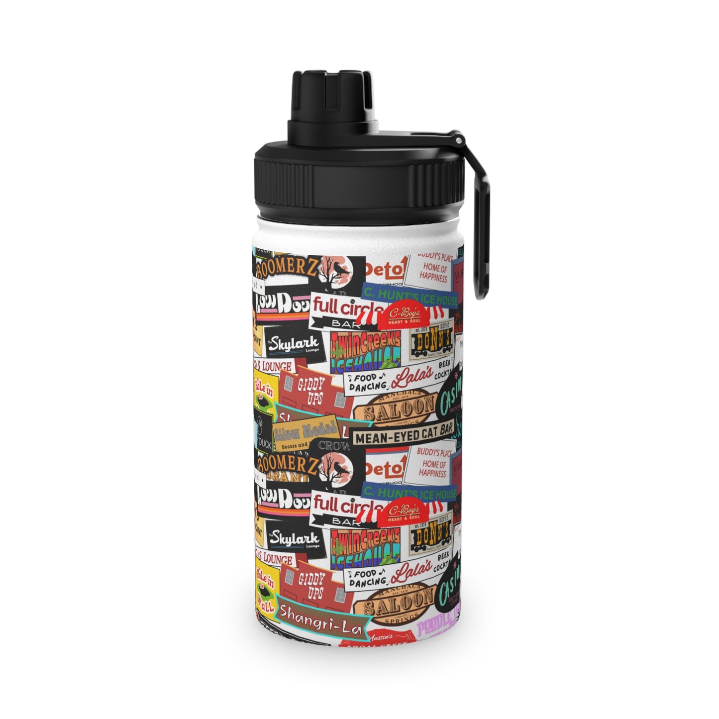 Water Bottle, Austin Texas Dive Bars Stainless Steel Sports Lid